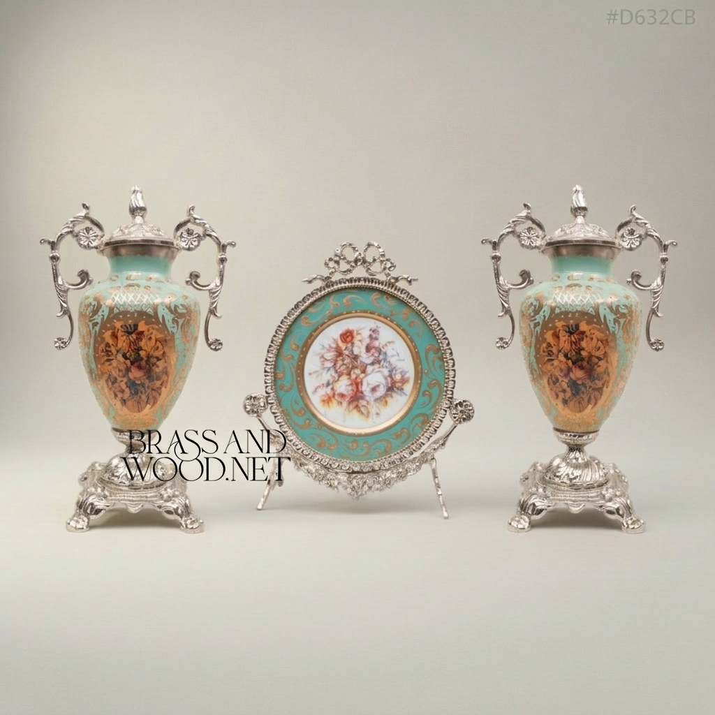 Rococo Sèvres-Inspired Turquoise Ceramic & Brass Urn Vase and Display Plate 3-Piece Set — Silver