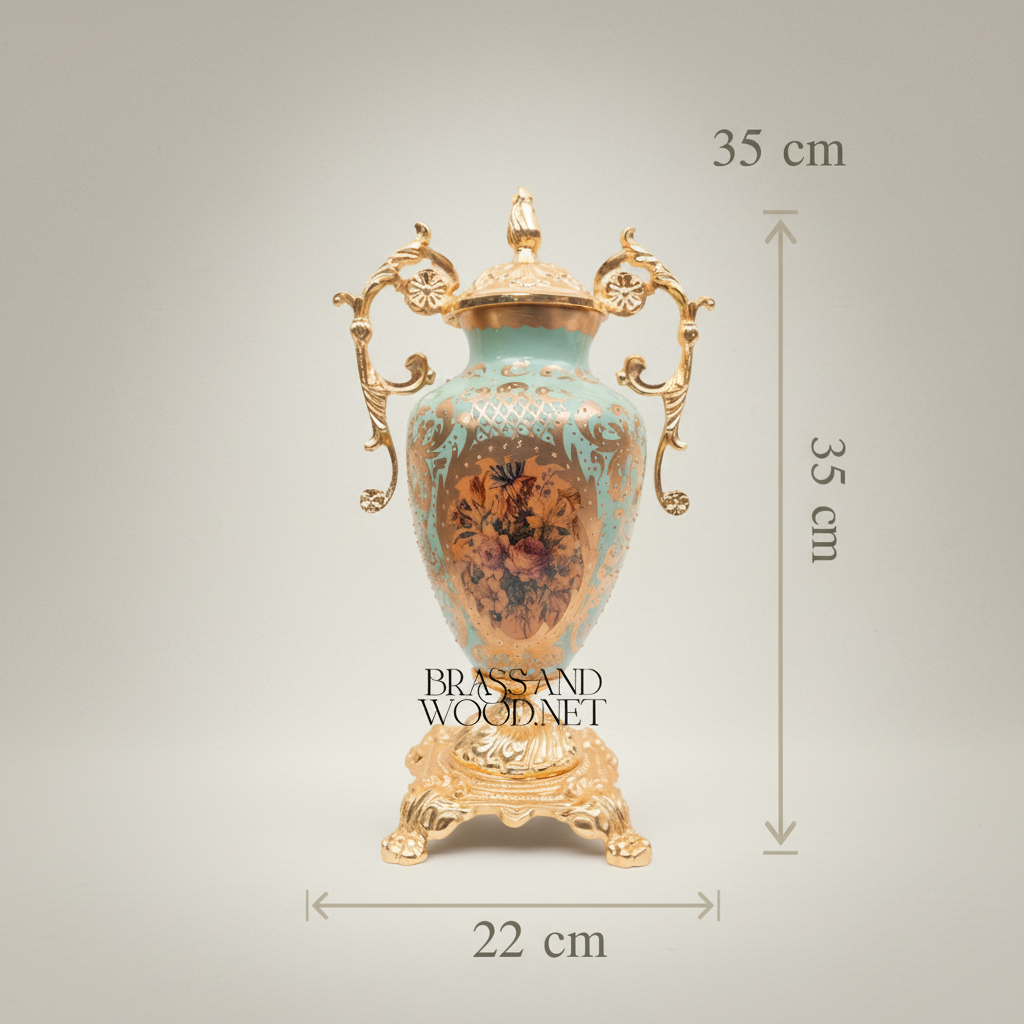 Rococo Sèvres-Inspired Turquoise Ceramic & Brass Urn Vase and Display Plate 3-Piece Set — Gold