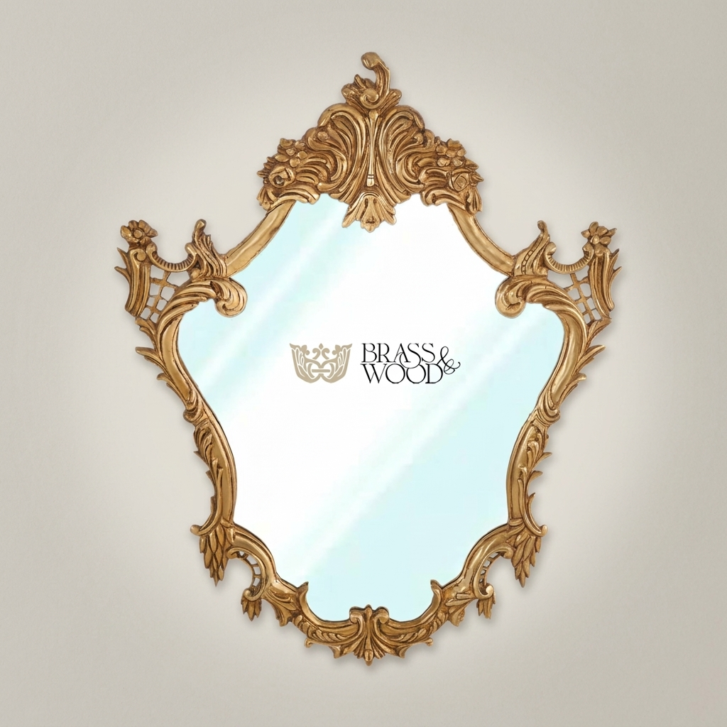 Rococo Shield-Form Wall Mirror with Acanthus Crown & Rose Cartouche Frame — Antique Gold