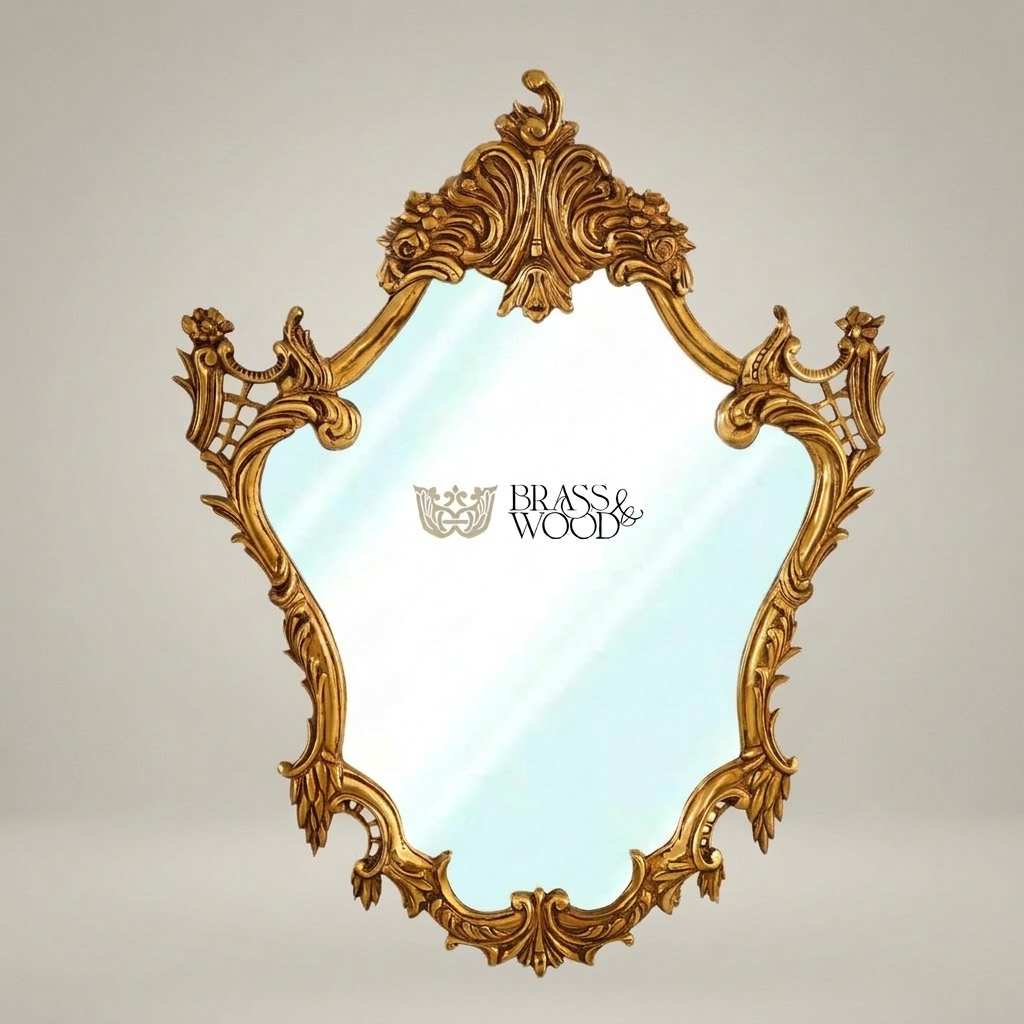 Rococo Shield-Form Wall Mirror with Acanthus Crown & Rose Cartouche Frame — Gold