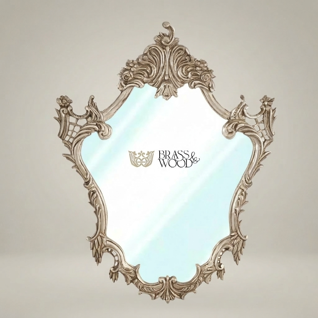 Rococo Shield-Form Wall Mirror with Acanthus Crown & Rose Cartouche Frame — Silver