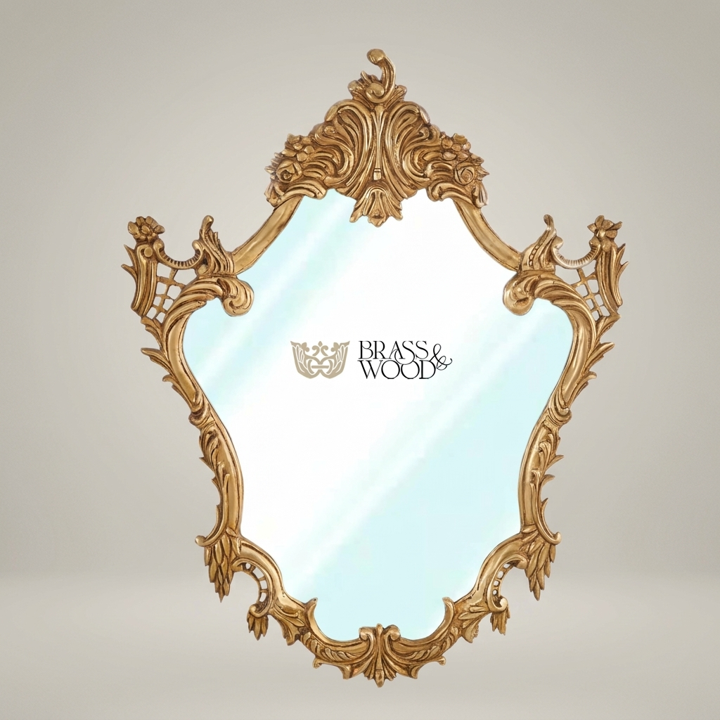 Rococo Shield-Form Wall Mirror with Acanthus Crown & Rose Cartouche Frame — Antique Gold