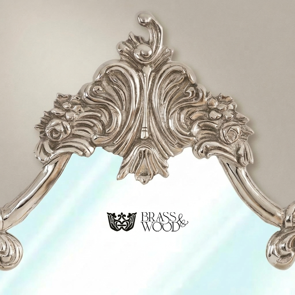 Rococo Shield-Form Wall Mirror with Acanthus Crown & Rose Cartouche Frame — Silver