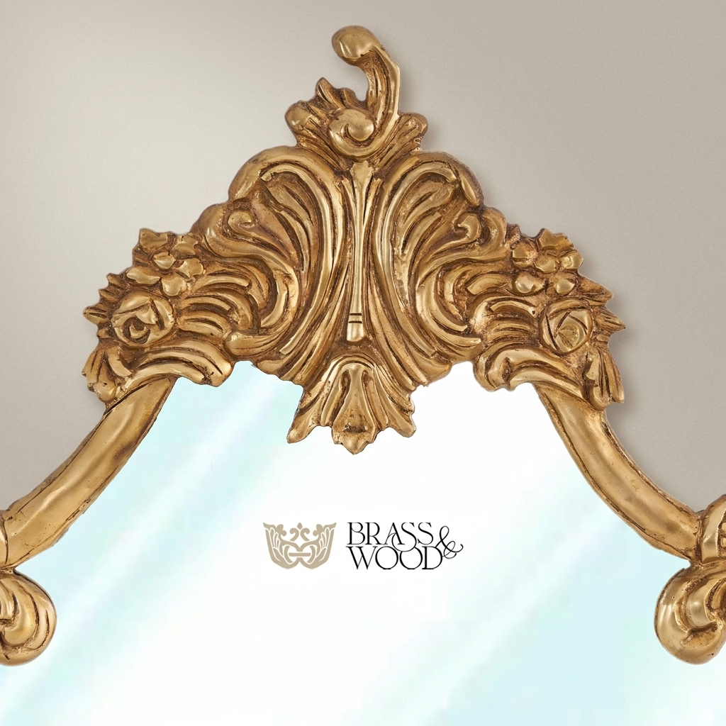 Rococo Shield-Form Wall Mirror with Acanthus Crown & Rose Cartouche Frame — Antique Gold