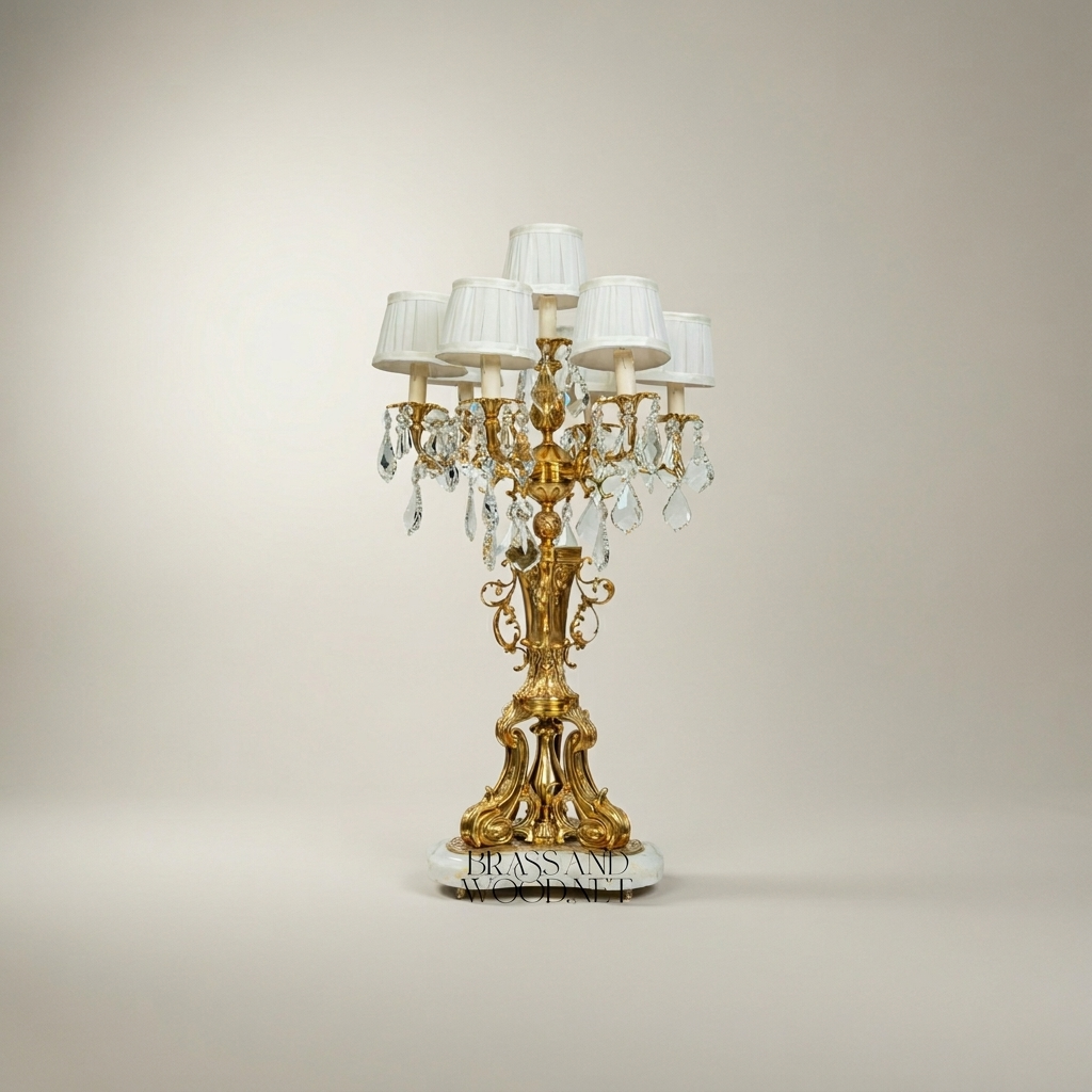 Rococo Six-Arm Brass Candelabra Table Lamp with Crystal Drops & Alabaster Base — Antique Gold