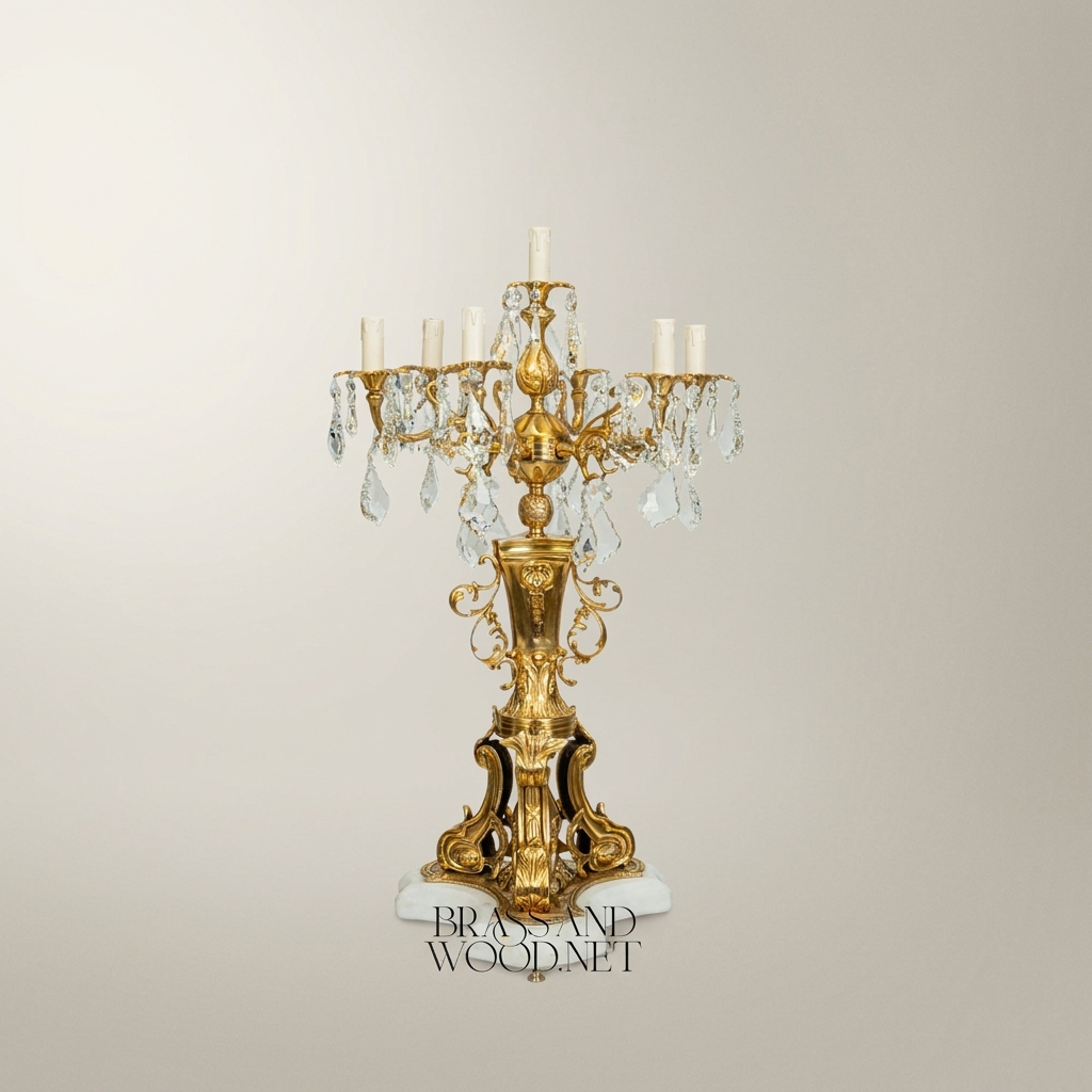 Rococo Six-Arm Brass Candelabra Table Lamp with Crystal Drops & Alabaster Base — Antique Gold