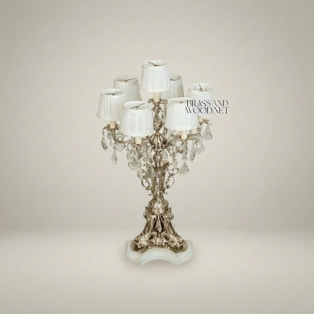Rococo Six-Arm Brass Candelabra Table Lamp with Crystal Drops & Alabaster Base — Silver