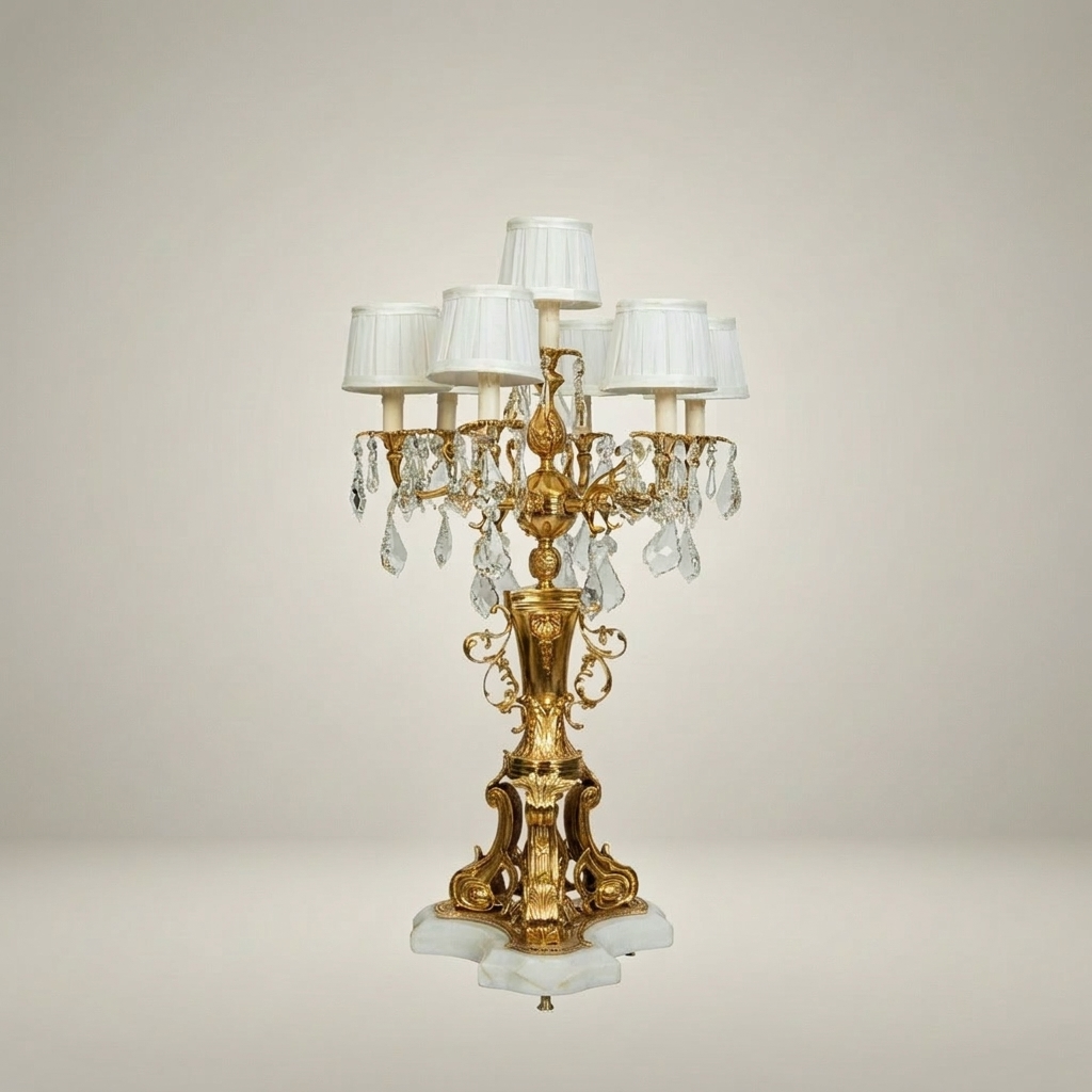 Rococo Six-Arm Brass Candelabra Table Lamp with Crystal Drops & Alabaster Base — Gold