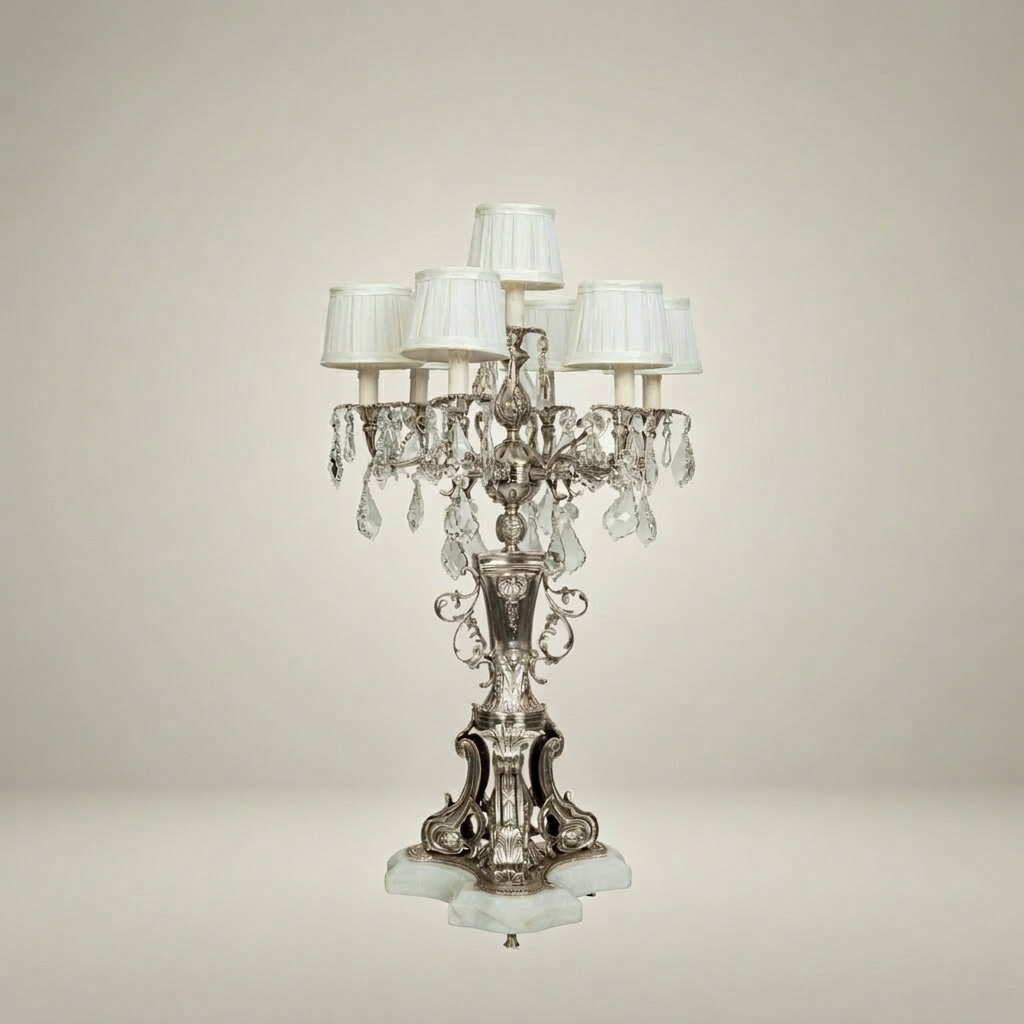 Rococo Six-Arm Brass Candelabra Table Lamp with Crystal Drops & Alabaster Base — Silver