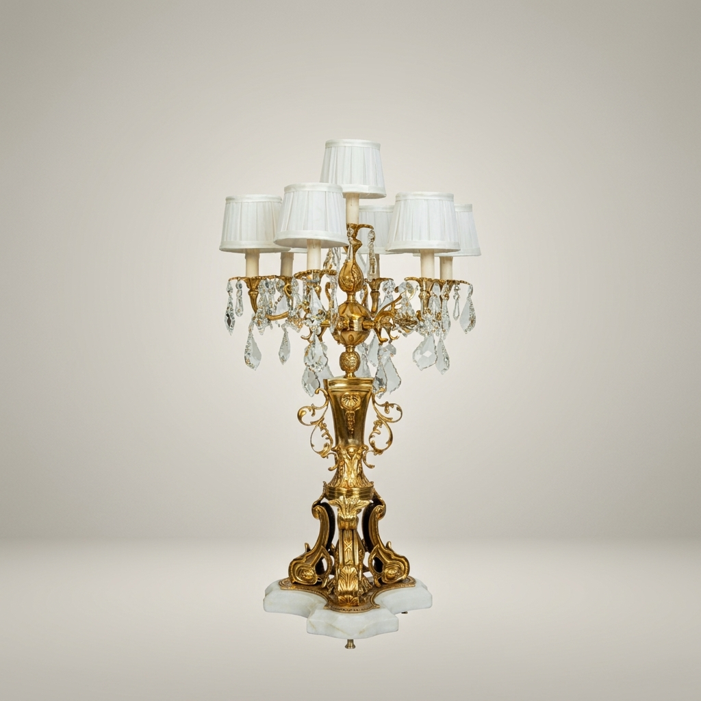 Rococo Six-Arm Brass Candelabra Table Lamp with Crystal Drops & Alabaster Base — Antique Gold