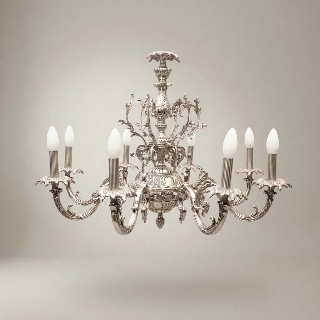 Rococo Solid Brass 8-Arm Chandelier with Acanthus Scroll Canopy — Silver
