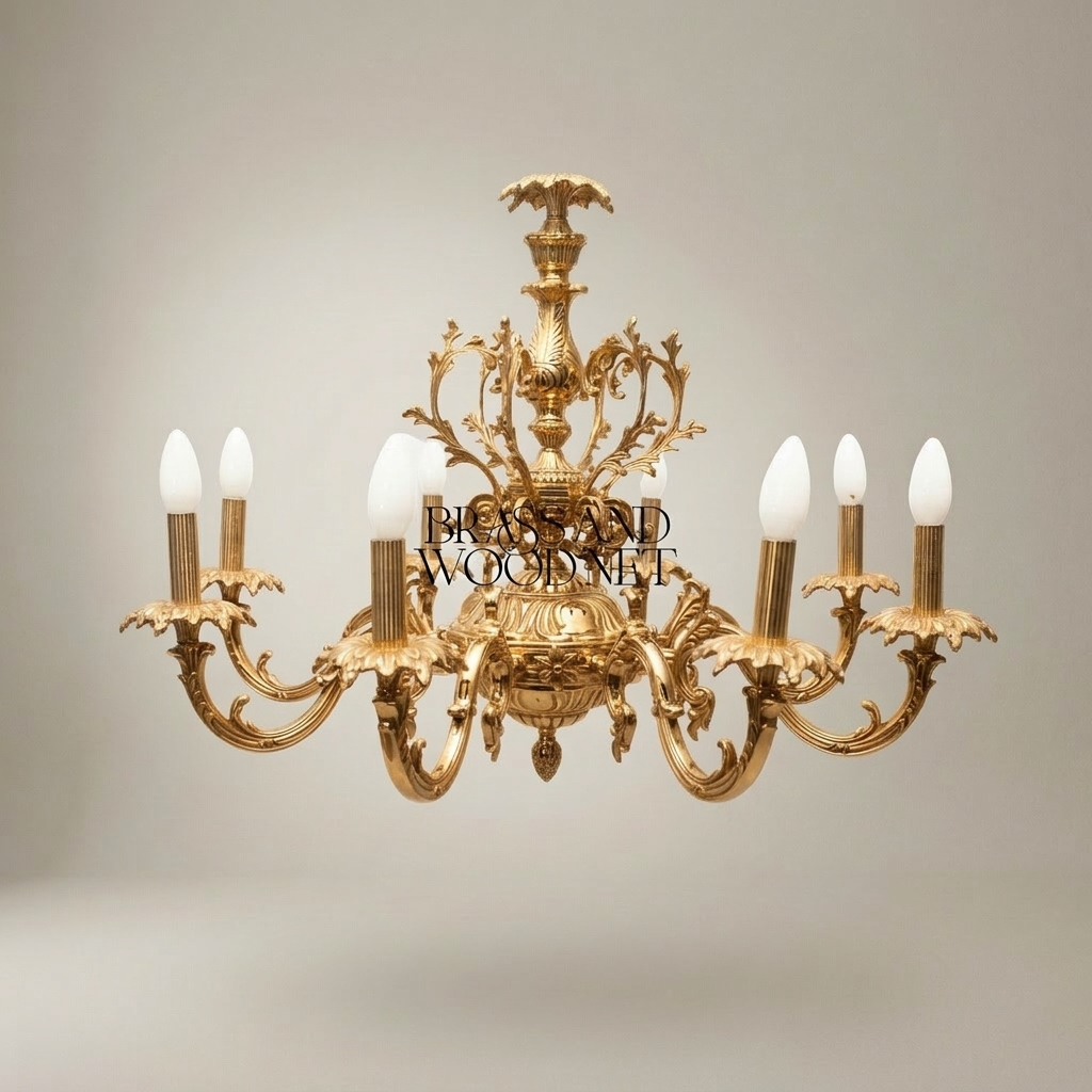 Rococo Solid Brass 8-Arm Chandelier with Acanthus Scroll Canopy — Gold