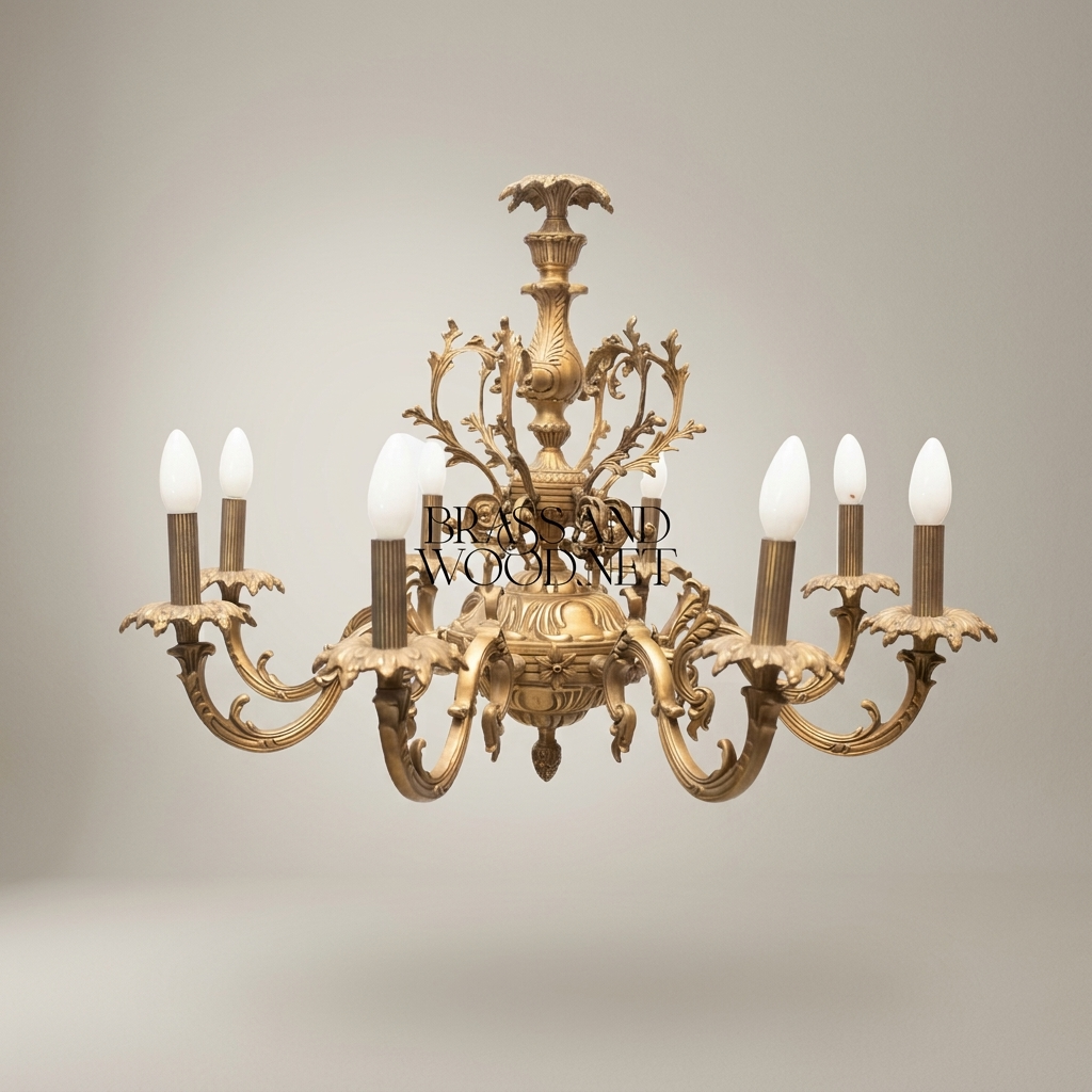 Rococo Solid Brass 8-Arm Chandelier with Acanthus Scroll Canopy — Antique Gold