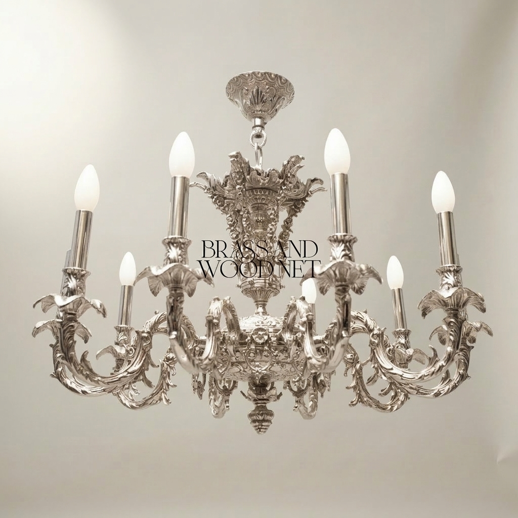 Rococo Solid Brass 8-Arm Chandelier - Acanthus & Scroll Candelabra — Silver