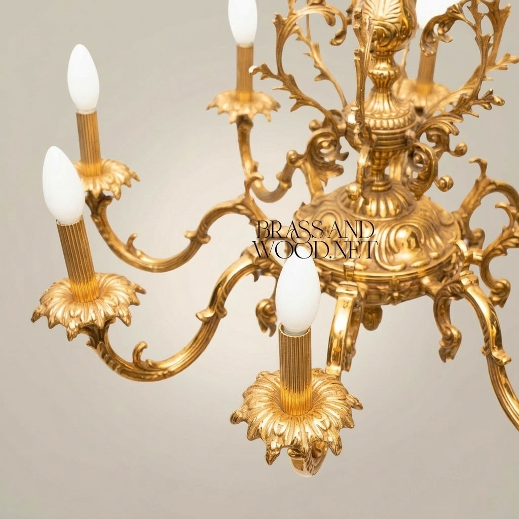 Rococo Solid Brass 8-Arm Chandelier with Acanthus Scroll Canopy