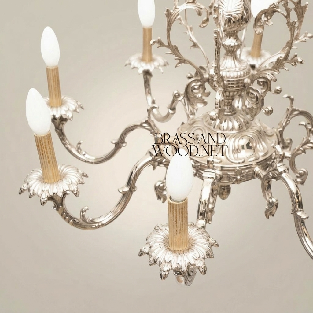 Rococo Solid Brass 8-Arm Chandelier with Acanthus Scroll Canopy — Silver