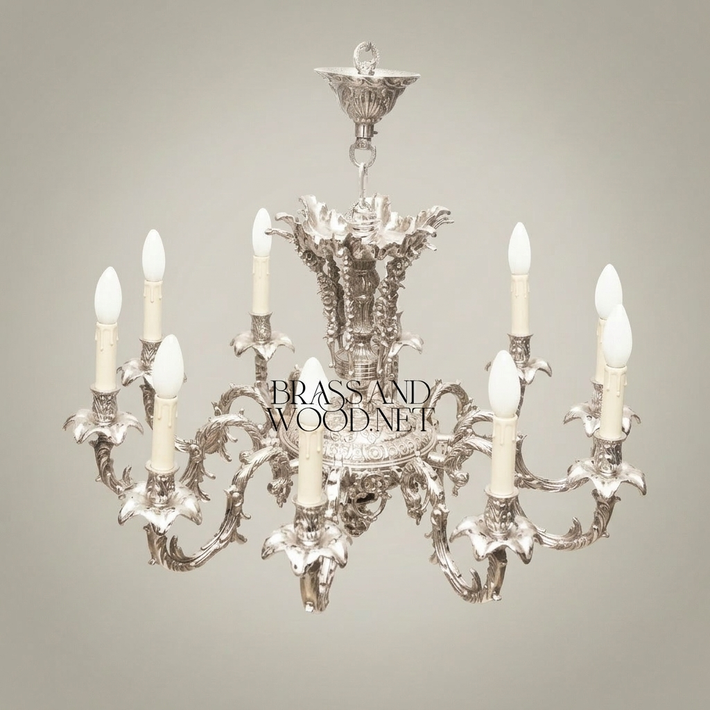 Rococo Solid Brass 8-Arm Chandelier - Acanthus & Scroll Candelabra — Silver