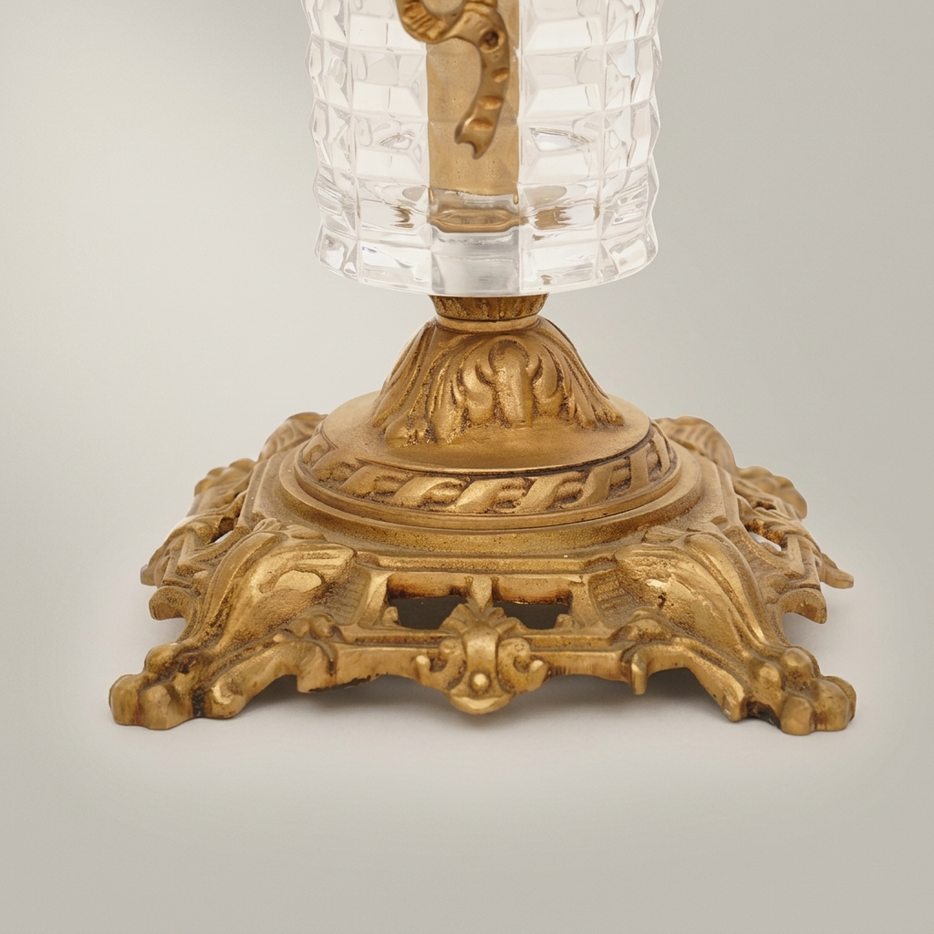 Rococo Three-Arm Brass & Crystal Candelabra with Acanthus Base — Antique Gold