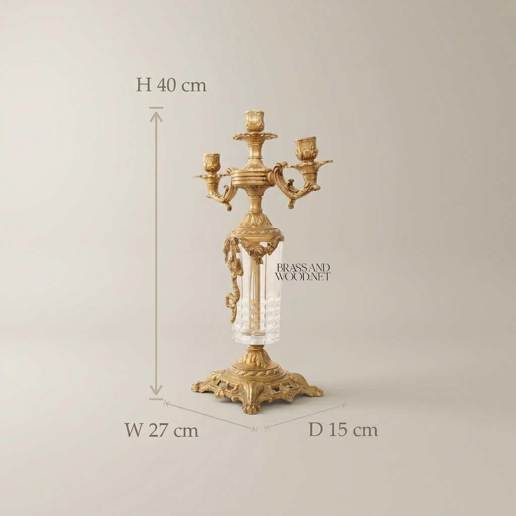 Rococo Three-Arm Brass & Crystal Candelabra with Acanthus Base — Antique Gold
