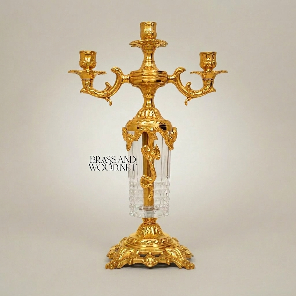 Rococo Three-Arm Brass & Crystal Candelabra with Acanthus Base — Gold