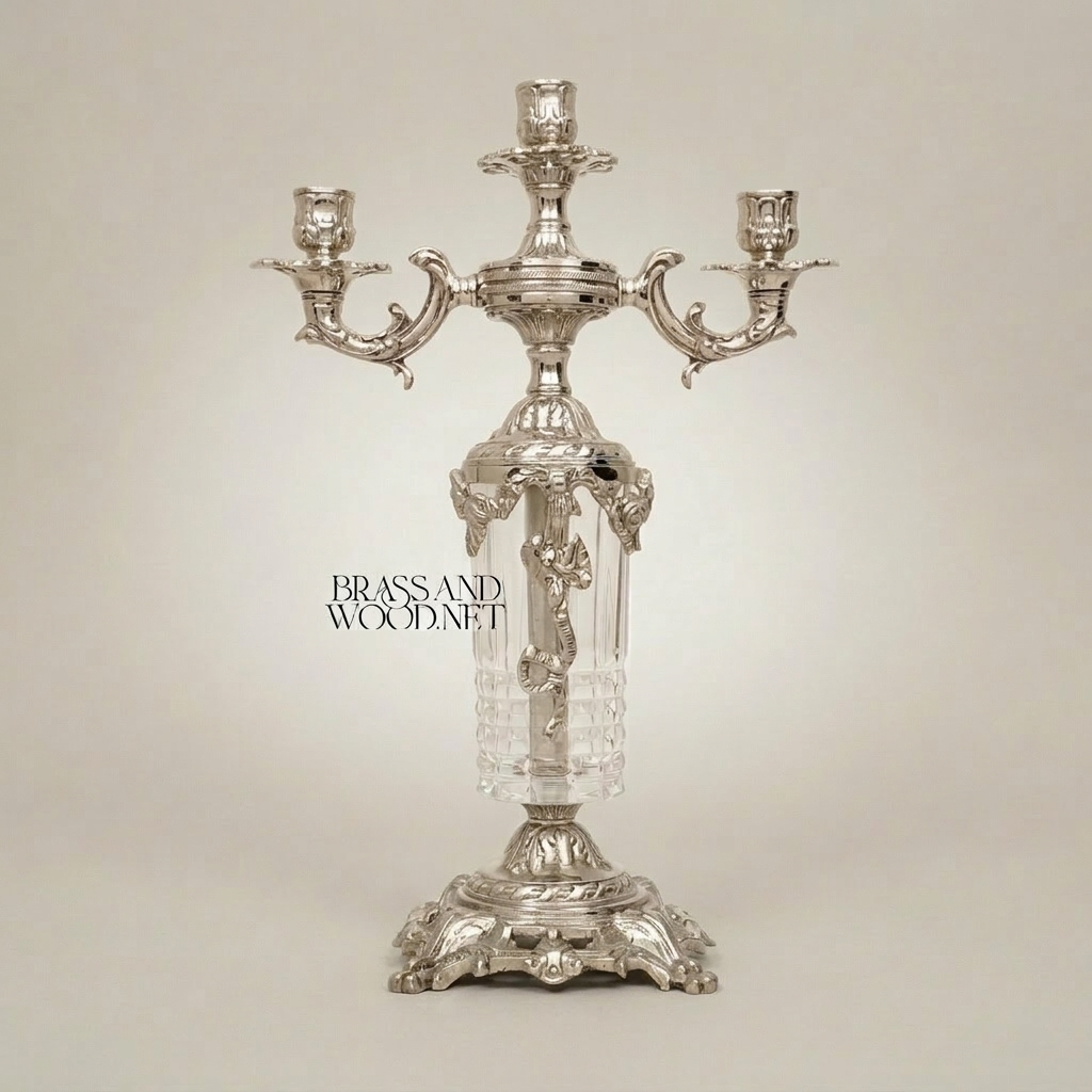 Rococo Three-Arm Brass & Crystal Candelabra with Acanthus Base — Silver
