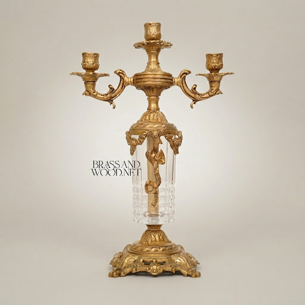 Rococo Three-Arm Brass & Crystal Candelabra with Acanthus Base — Antique Gold
