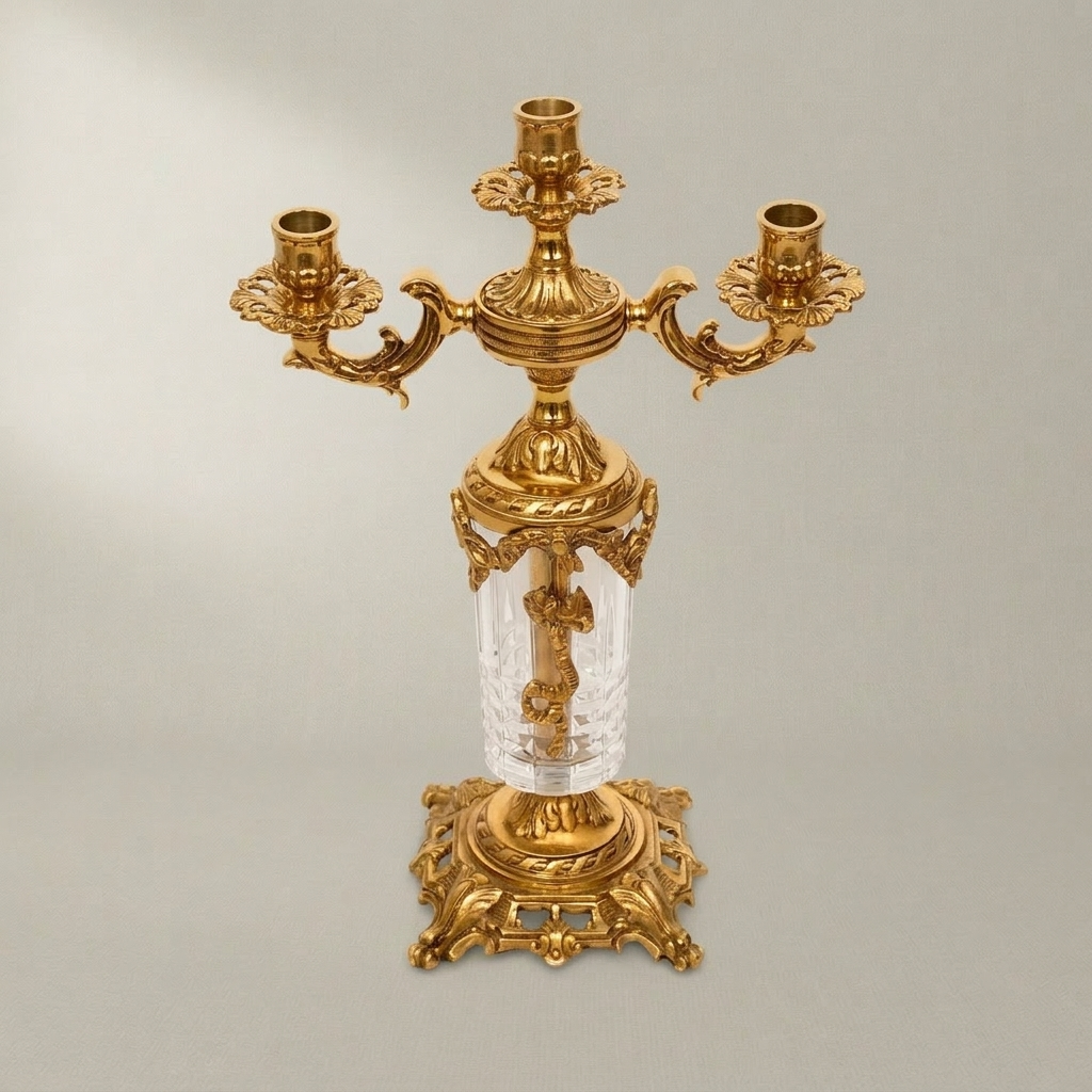 Rococo Three-Arm Brass & Crystal Candelabra with Acanthus Base