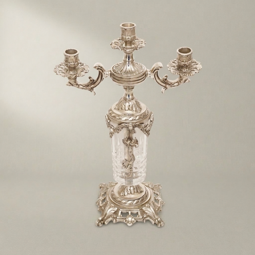 Rococo Three-Arm Brass & Crystal Candelabra with Acanthus Base — Silver