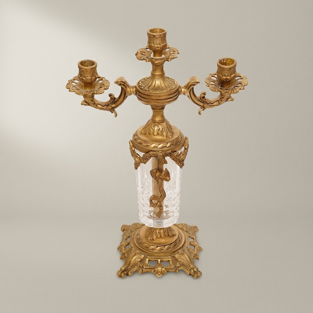 Rococo Three-Arm Brass & Crystal Candelabra with Acanthus Base — Antique Gold