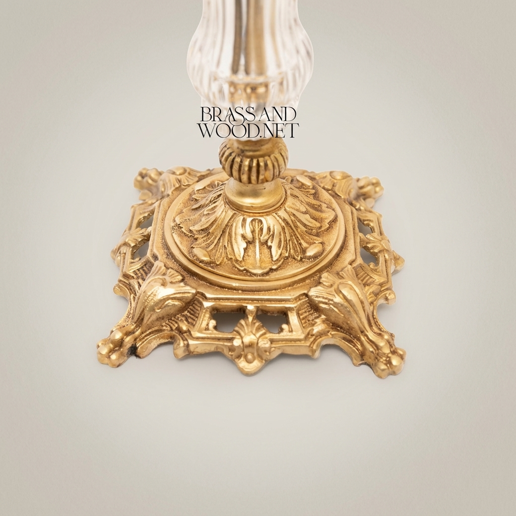 Rococo Three-Arm Candelabra with Crystal Column and Ornate Brass Base — Antique Gold