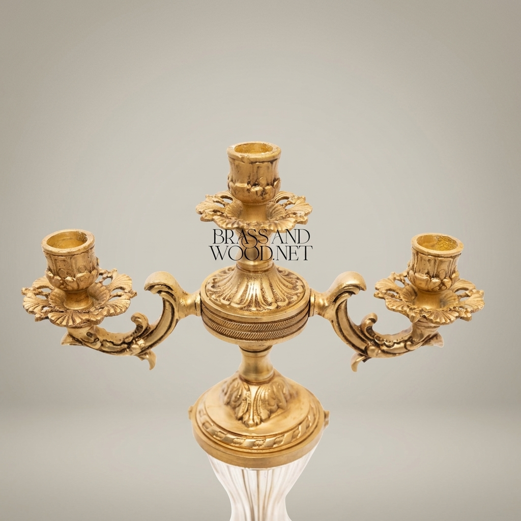 Rococo Three-Arm Candelabra with Crystal Column and Ornate Brass Base — Antique Gold
