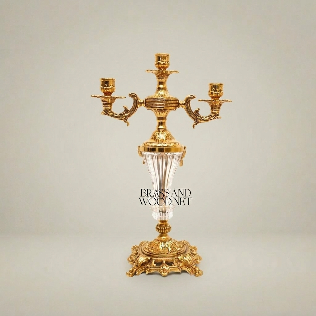 Rococo Three-Arm Candelabra with Crystal Column and Ornate Brass Base