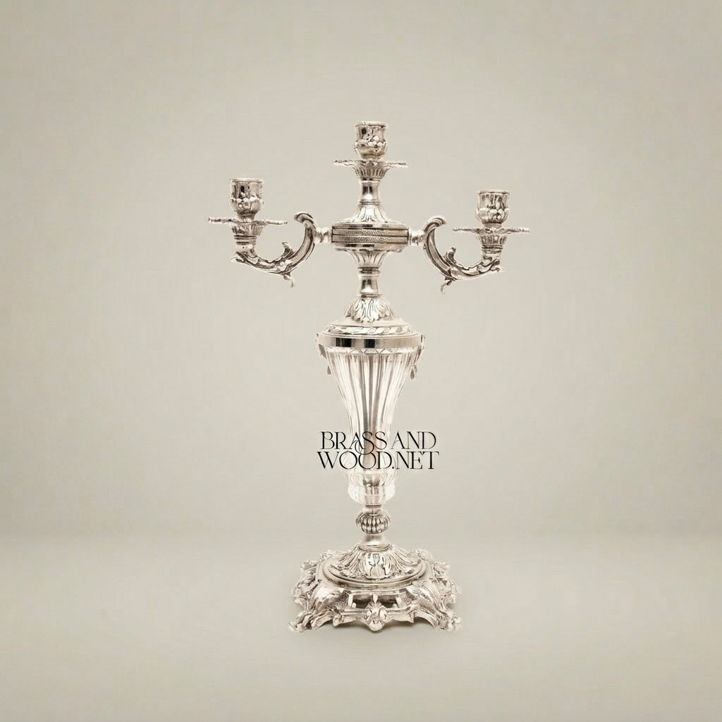 Rococo Three-Arm Candelabra with Crystal Column and Ornate Brass Base — Silver