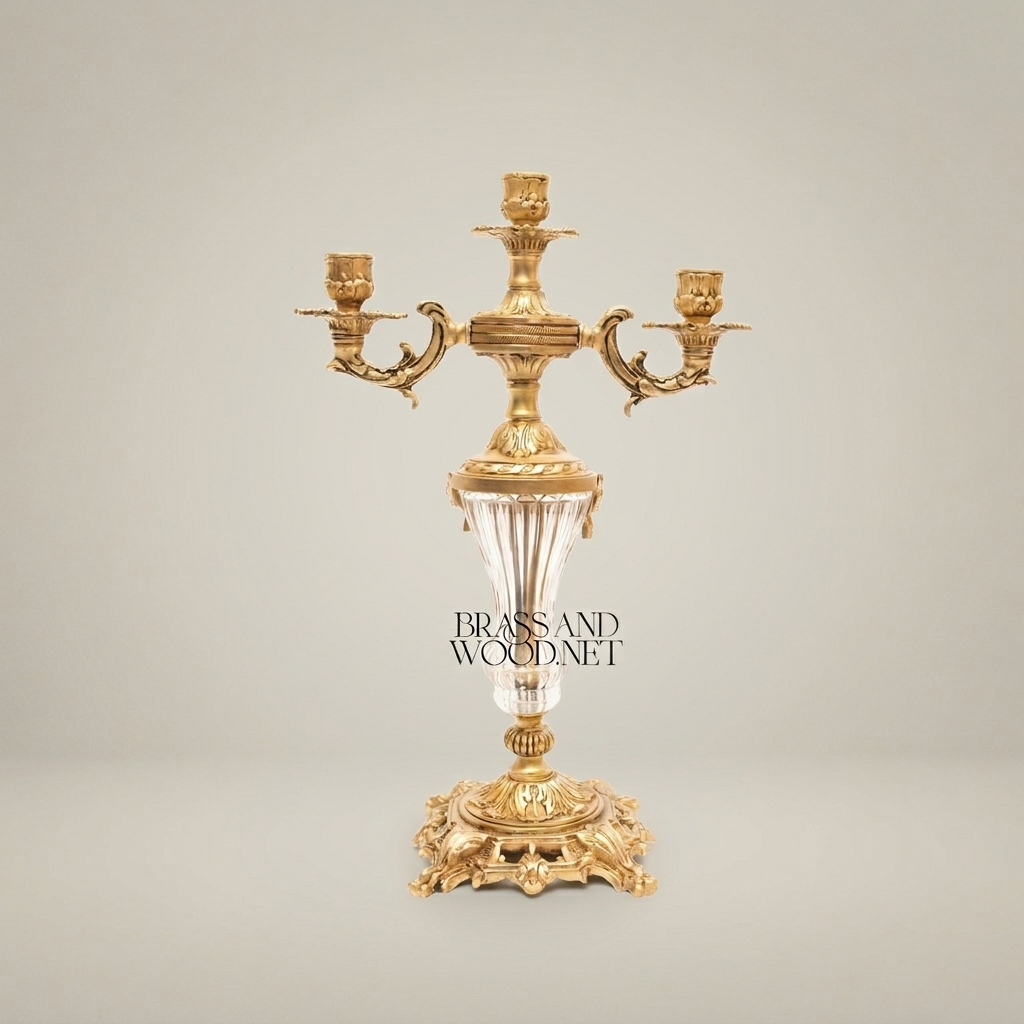 Rococo Three-Arm Candelabra with Crystal Column and Ornate Brass Base — Antique Gold