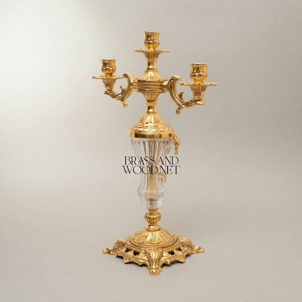 Rococo Three-Arm Candelabra with Crystal Column and Ornate Brass Base
