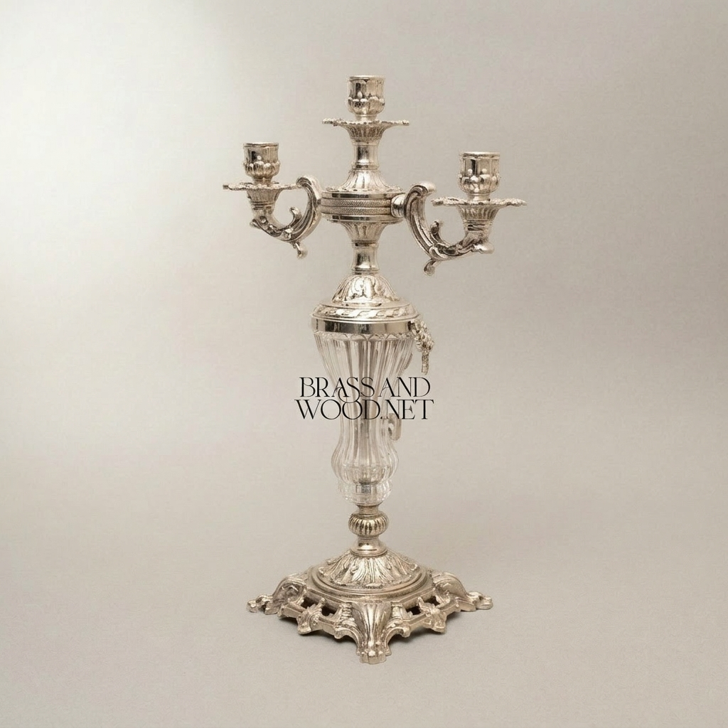 Rococo Three-Arm Candelabra with Crystal Column and Ornate Brass Base — Silver
