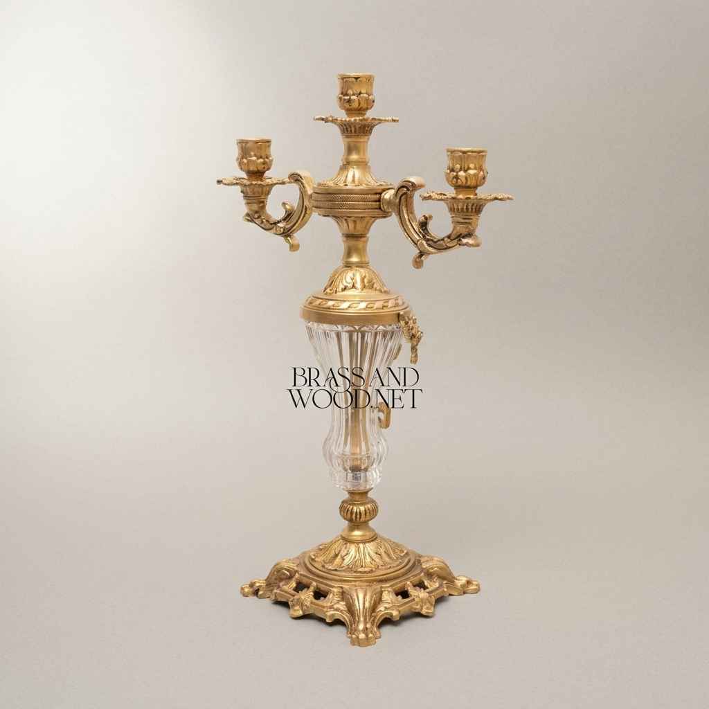 Rococo Three-Arm Candelabra with Crystal Column and Ornate Brass Base — Antique Gold
