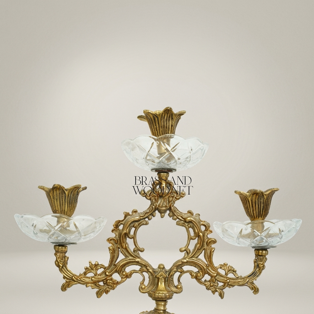 Rococo Three-Arm Candelabra with Cut Crystal Column & Acanthus Brass Crown — Antique Gold