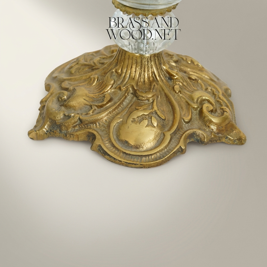 Rococo Three-Arm Candelabra with Cut Crystal Column & Acanthus Brass Crown — Antique Gold