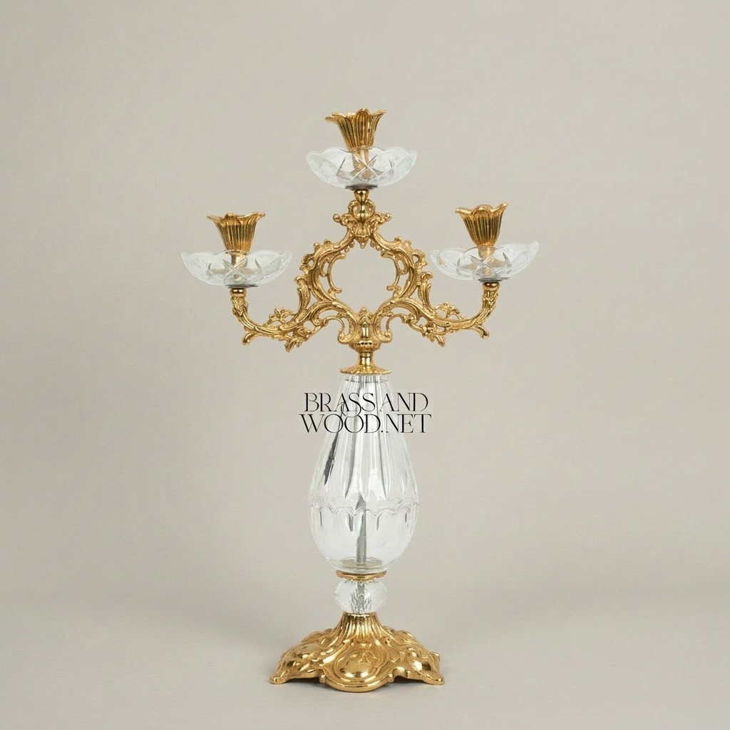 Rococo Three-Arm Candelabra with Cut Crystal Column & Acanthus Brass Crown — Gold