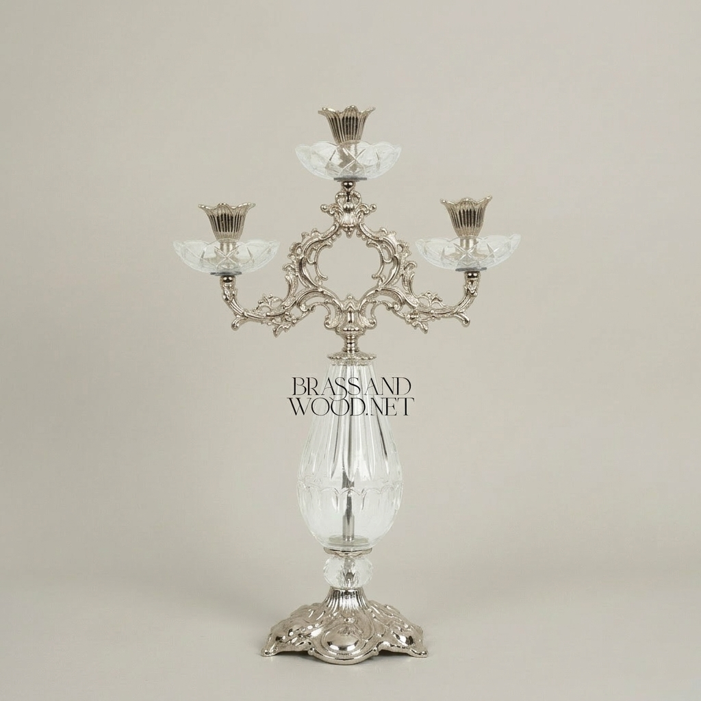 Rococo Three-Arm Candelabra with Cut Crystal Column & Acanthus Brass Crown — Silver