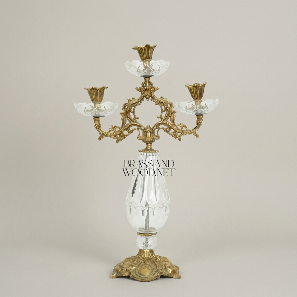 Rococo Three-Arm Candelabra with Cut Crystal Column & Acanthus Brass Crown — Antique Gold