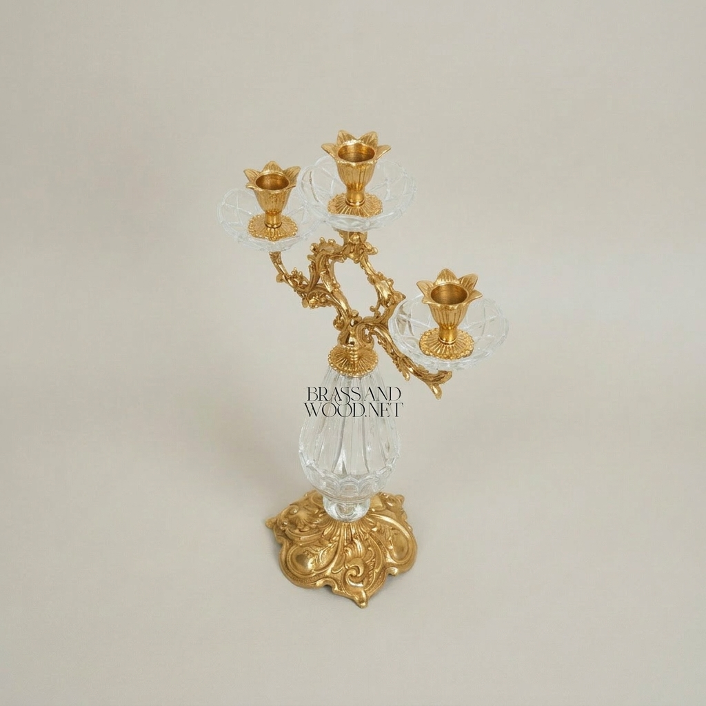 Rococo Three-Arm Candelabra with Cut Crystal Column & Acanthus Brass Crown