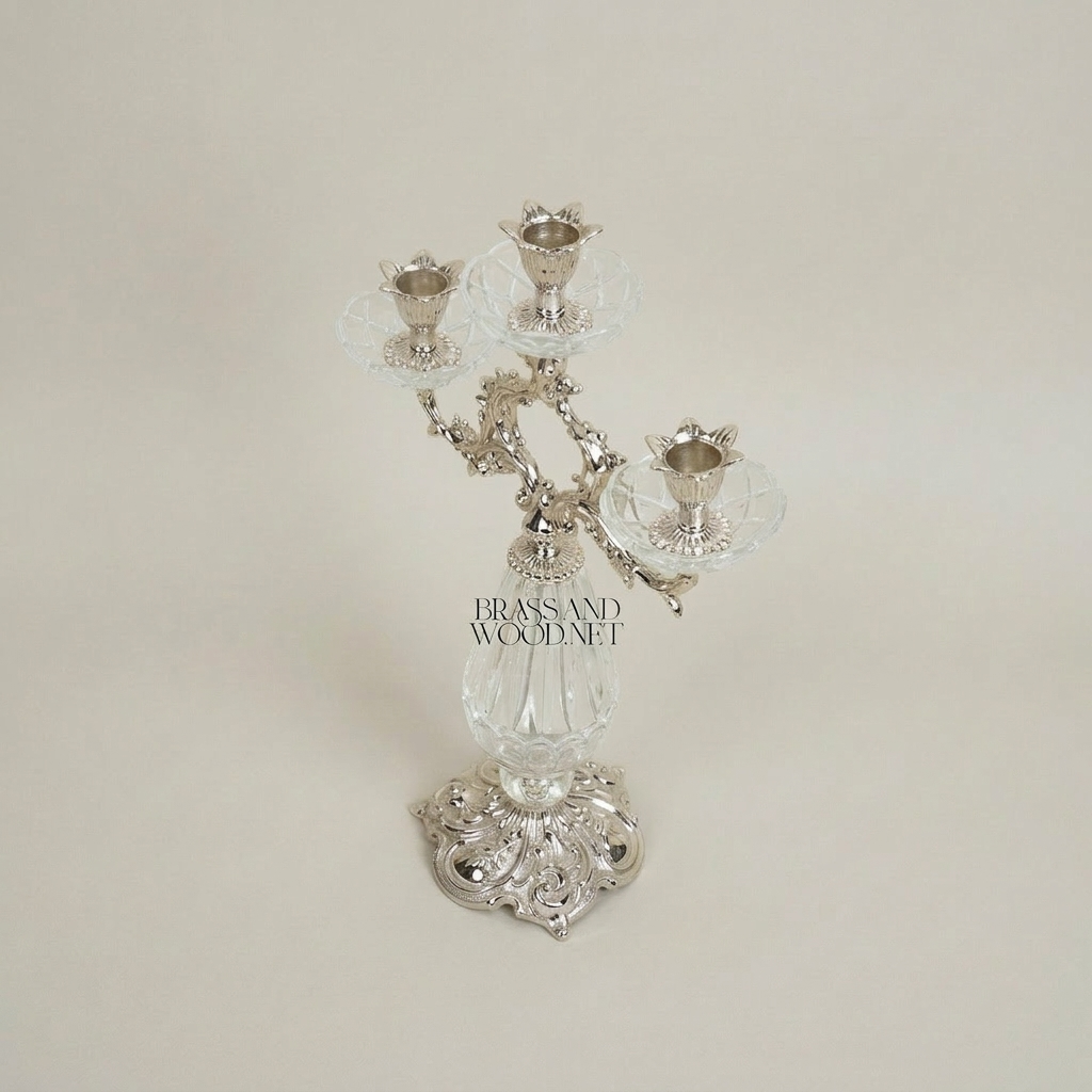 Rococo Three-Arm Candelabra with Cut Crystal Column & Acanthus Brass Crown — Silver