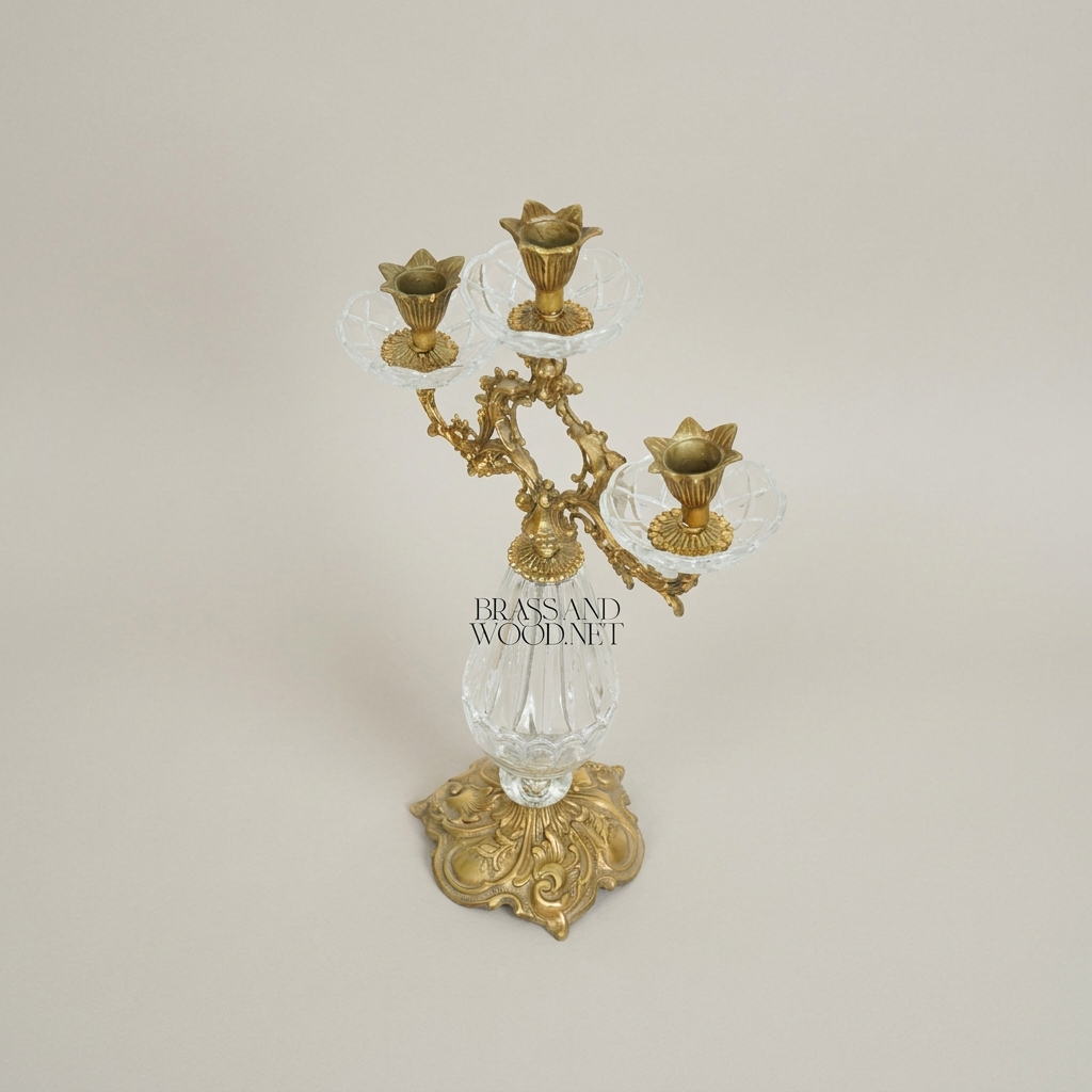 Rococo Three-Arm Candelabra with Cut Crystal Column & Acanthus Brass Crown — Antique Gold