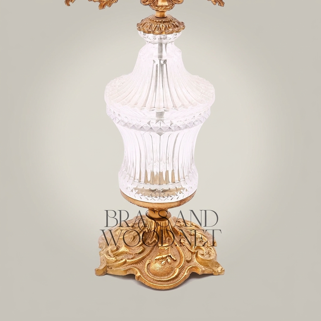 Rococo Three-Arm Crystal & Brass Candelabra - Scrolled Foliate Crown — Antique Gold