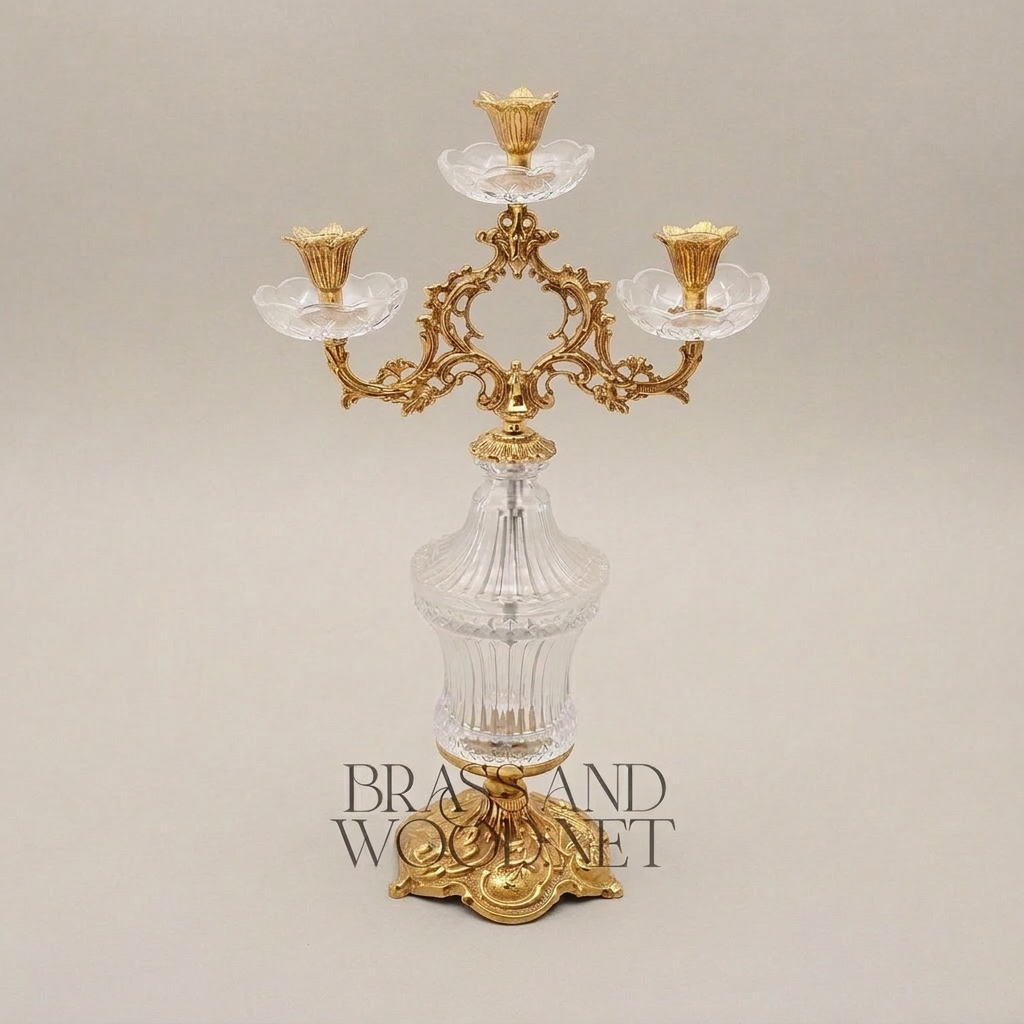 Rococo Three-Arm Crystal & Brass Candelabra - Scrolled Foliate Crown — Gold