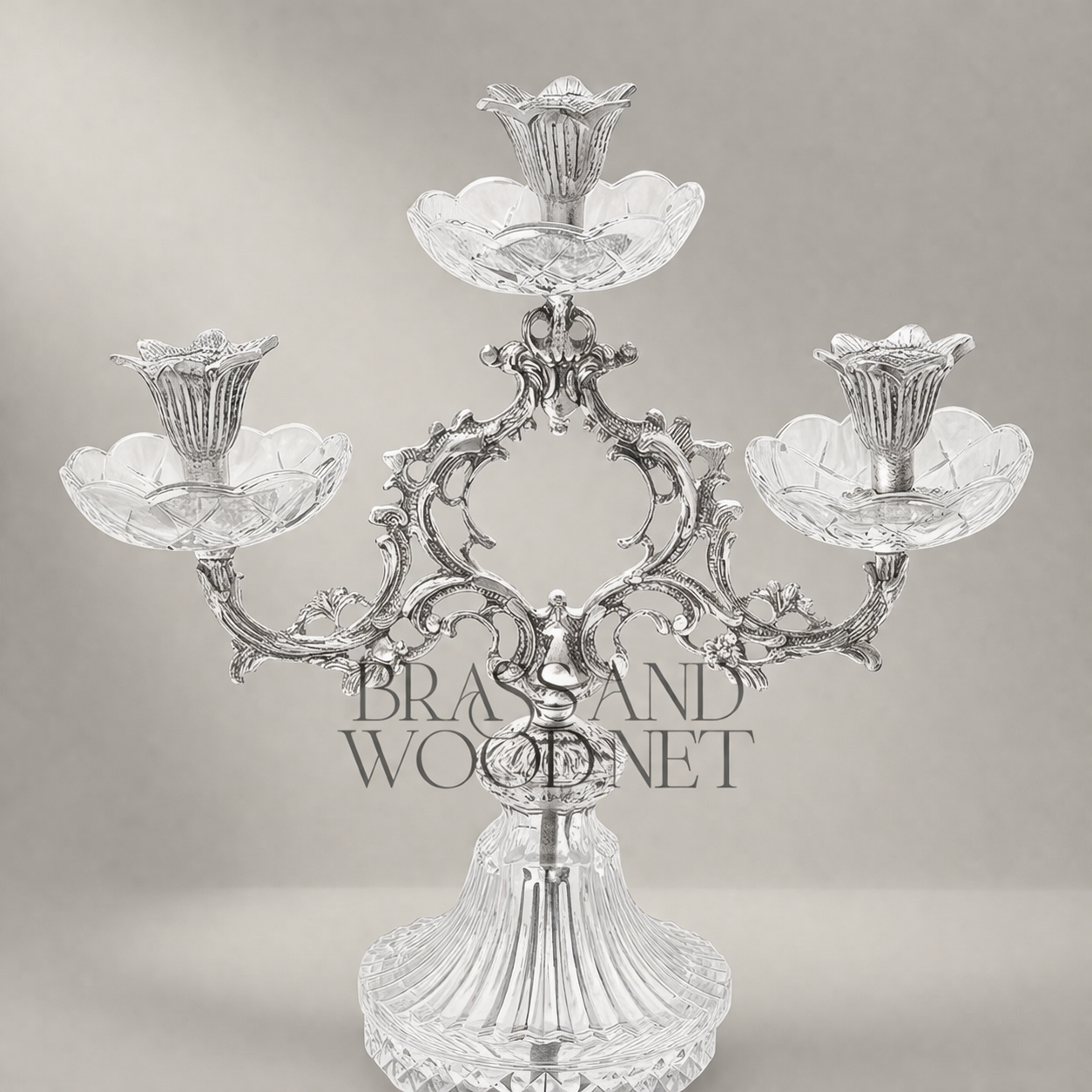 Rococo Three-Arm Crystal & Brass Candelabra - Scrolled Foliate Crown — Silver