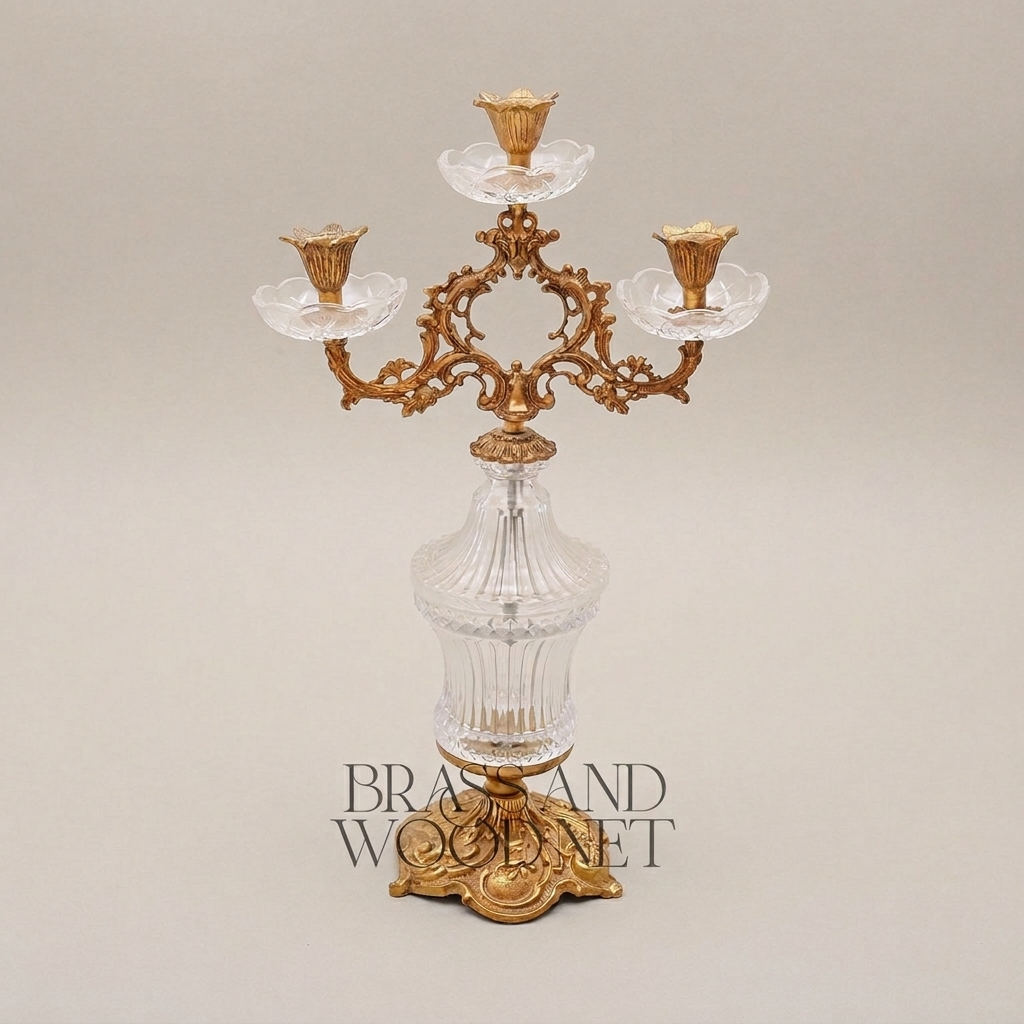 Rococo Three-Arm Crystal & Brass Candelabra - Scrolled Foliate Crown — Antique Gold