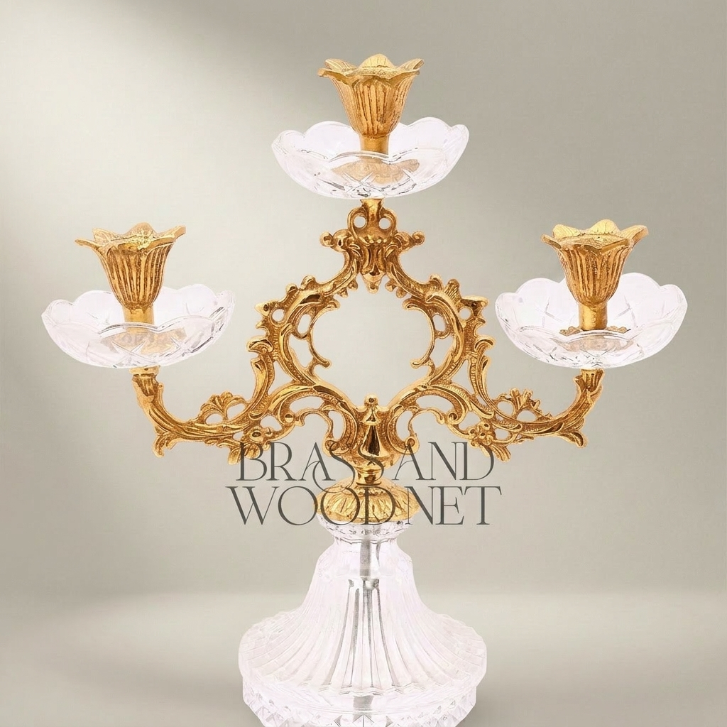 Rococo Three-Arm Crystal & Brass Candelabra - Scrolled Foliate Crown